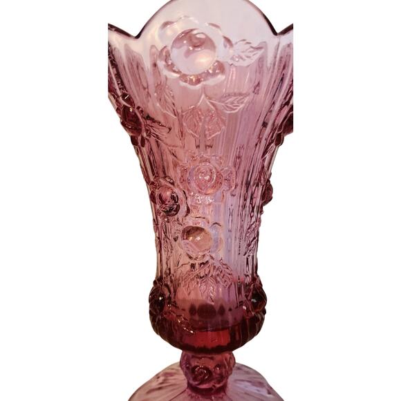 Fenton Pink Purple Cabbage Rose 9” Pedestal Scalloped 3D Ruffle Edge Vase - Picture 3 of 5